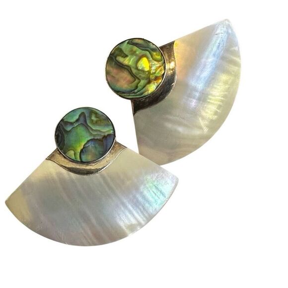 Vintage MODERNIST 925 Sterling Silver Half Moon Abalone mother of pearl  Stud Ea - Picture 11 of 11
